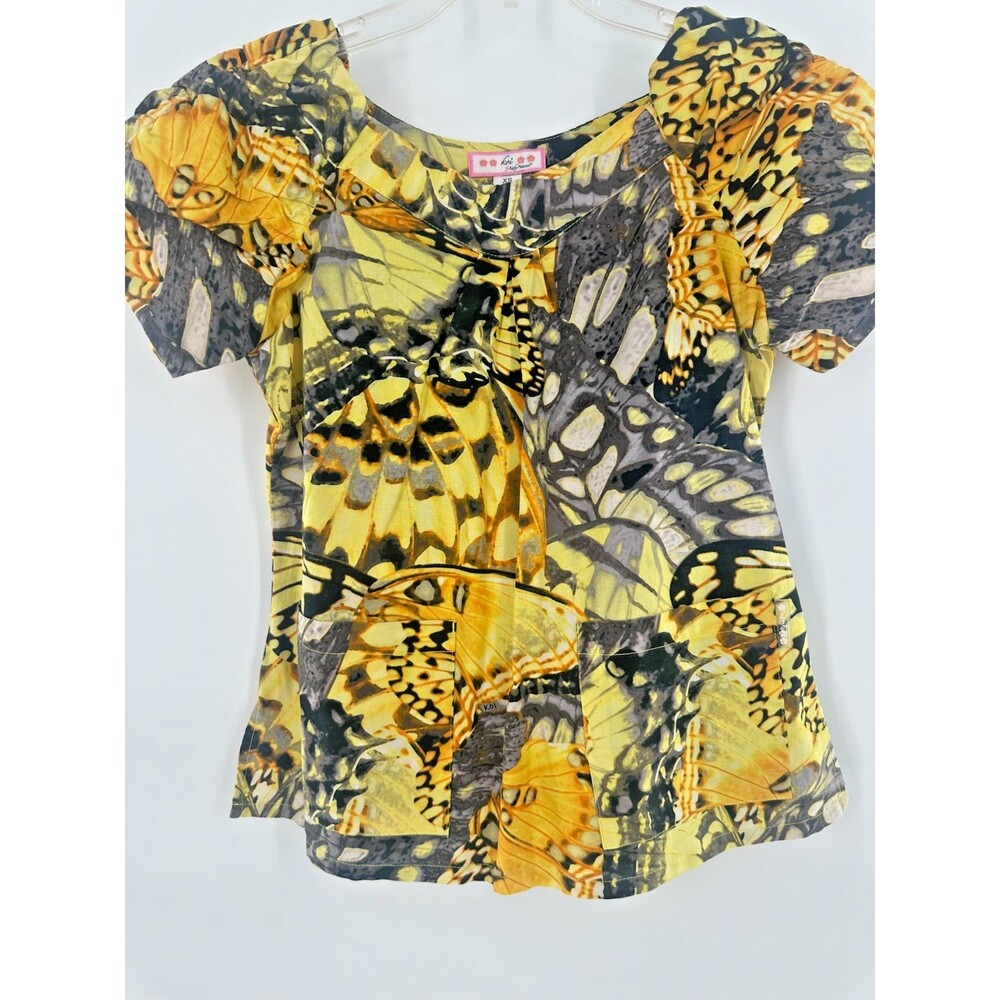 Koi by Kathy Peterson Yellow Butterfly Print Scrub Top Juliana Scoop Neck Sz XS